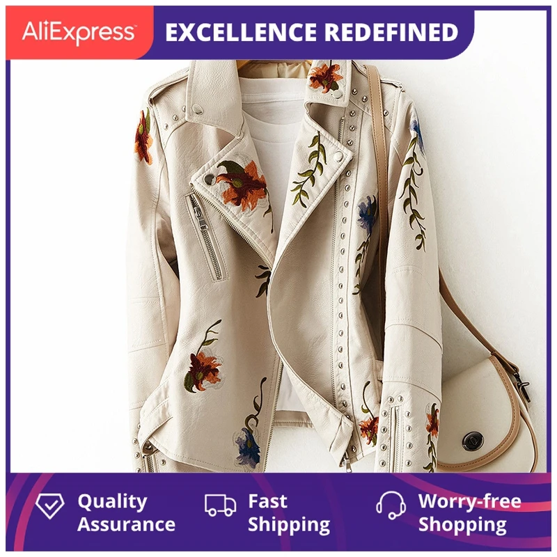 

New Women Retro Floral Print Embroidery Faux Soft Leather Jacket Coat Turndown Collar Pu Moto Biker Black Punk Outerwear