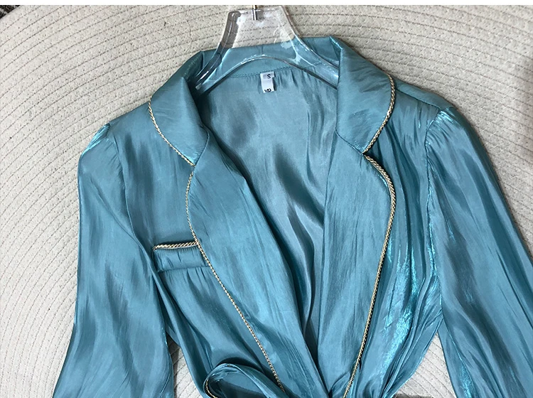 

AELESEEN Runway Fashion Long Blouse Turn-Down Collar Sky Blue Shirt Tassle Patchwork Lidies Cardigan Pocket Casual Blouse