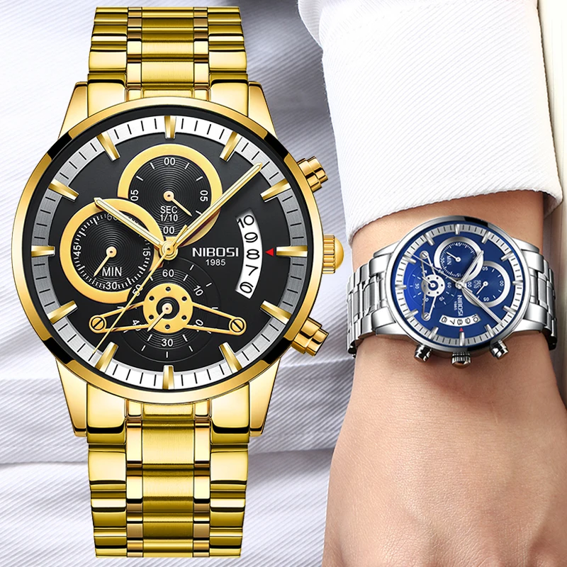 

NIBOSI часы хронограф Для мужчин s часы Элитный бренд Военная Спорт золотые часы Для мужчин Бизнес наручные кварцевые часы мужские
