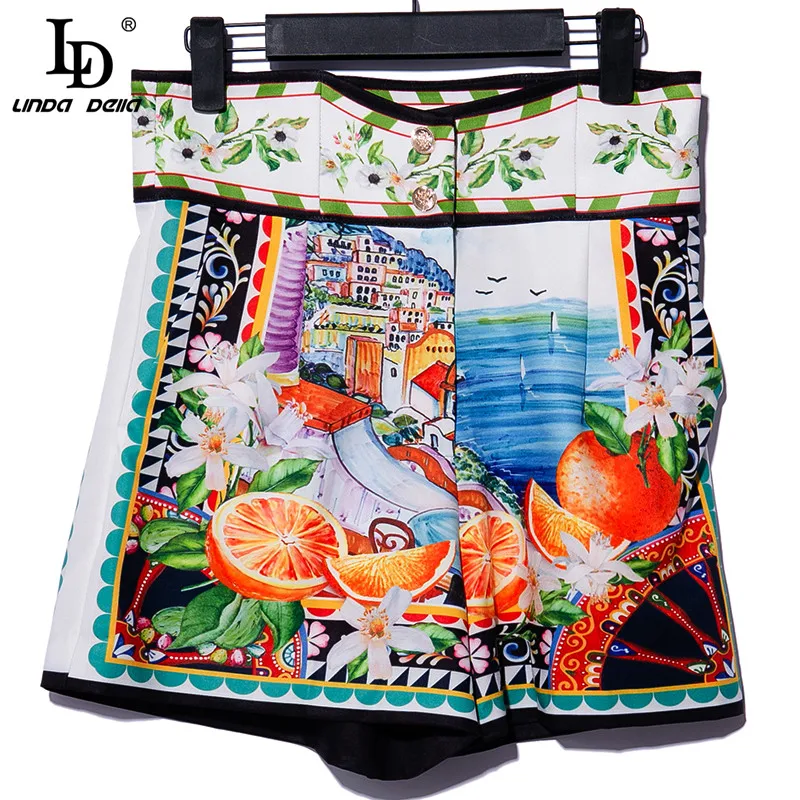 

LD LINDA DELLA 2021 Summer Fashion Runway Shorts Suits Women's Floral Print Tops and Two Pieces Shorts Set Boho Holiday Suit