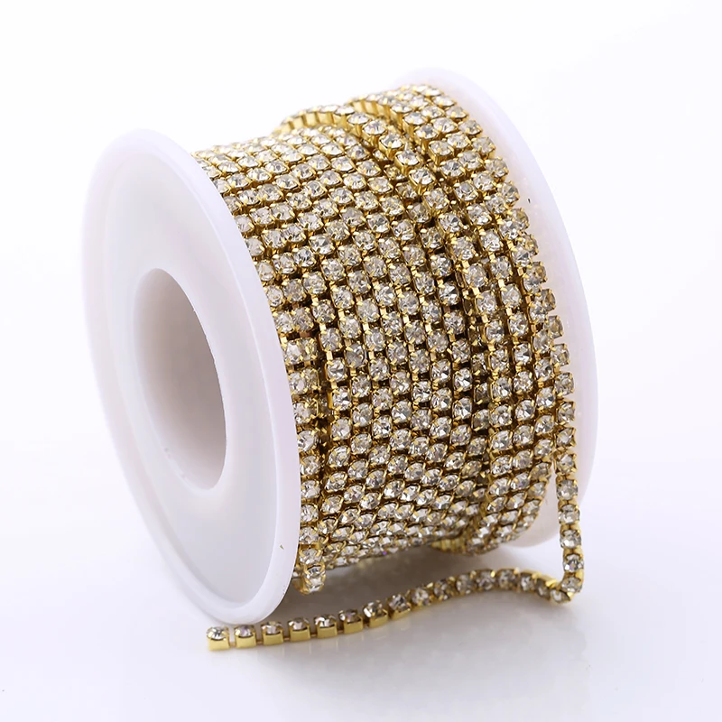 Gold Crystal RESEN SS6-SS18(2 мм-4,5 мм) Серебряная/Золотая основа прозрачные Кристальные плотные стразы на цепочке Швейные стеклянные стразы на цепочке - Цвет: Gold Crystal