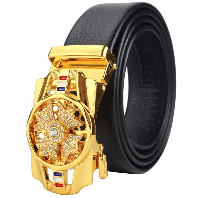 Man Automatic Buckle Leather Belt High Quality Men Business Belt Golden Waist Buckle Rhinestone Decoration Males Luxury Belt