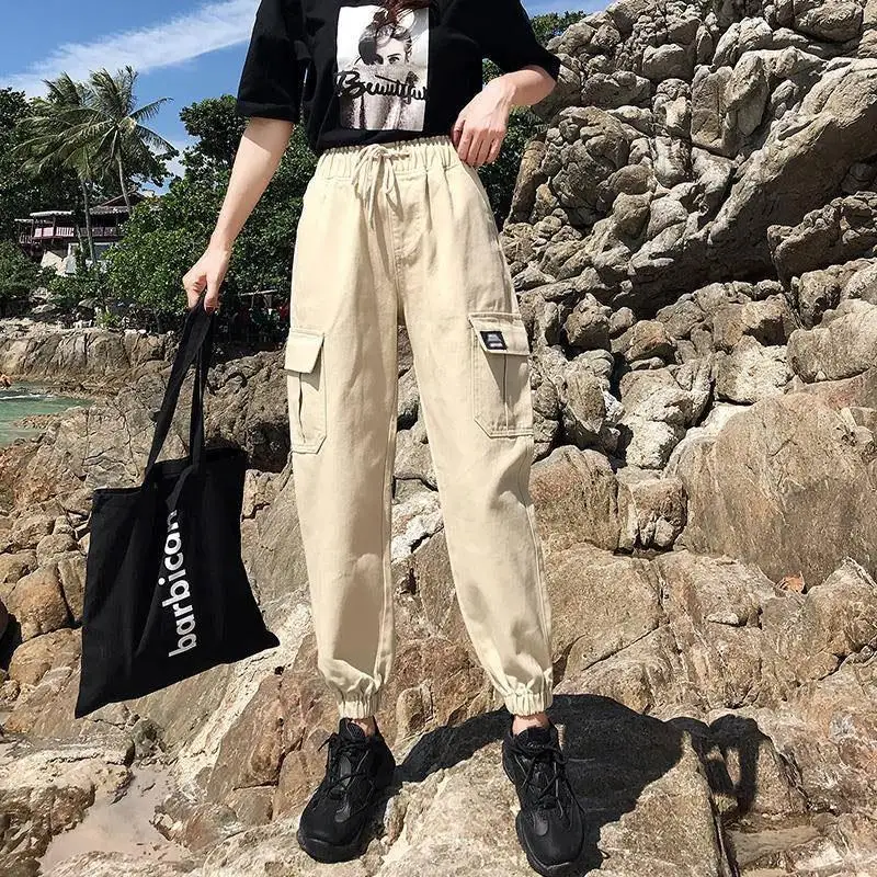 Горячие большие штаны карго с карманами женские свободные повседневные высокой