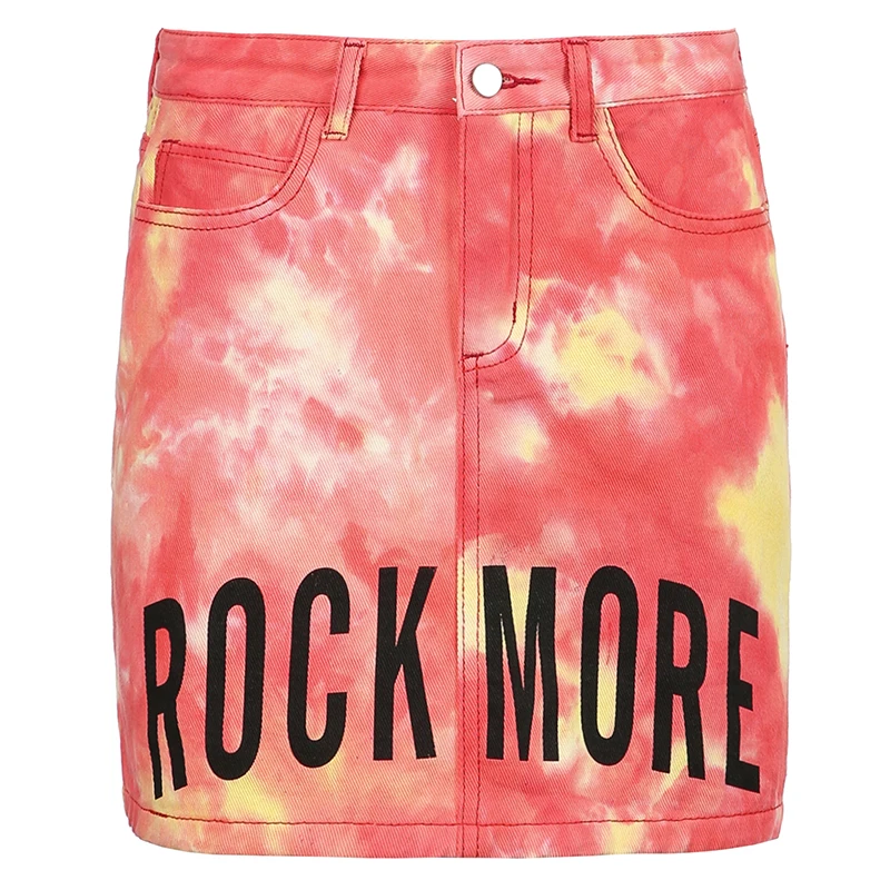 

Rockmore Letter Print Mini Skirts Tie Dye Straight Skirts y2k High Waist Denim Short Skirts Harajuku Women Streetwear Summer 90S
