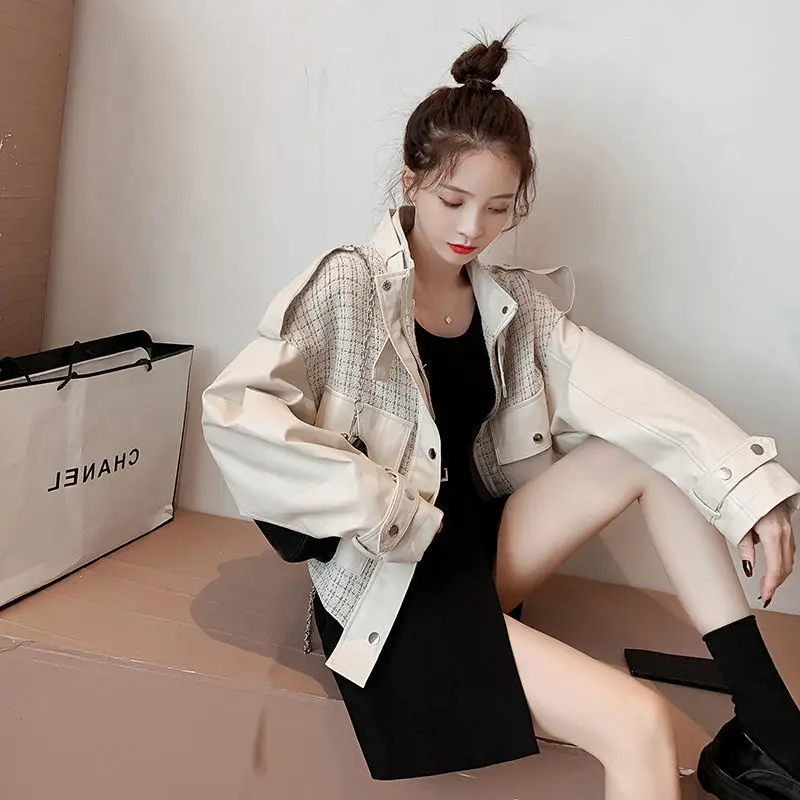 

Foreign style street short coat women's 2020 autumn new Hong Kong style retro high sense stitched PU leather jacket