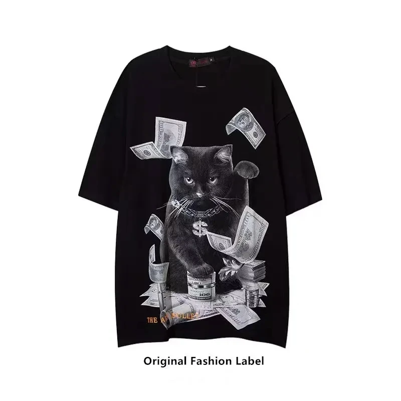 

Летняя уличная футболка в стиле панк-рок с принтом кошки и далловера для мужчин, свободная хлопковая Футболка в стиле хип-хоп с коротким рук...