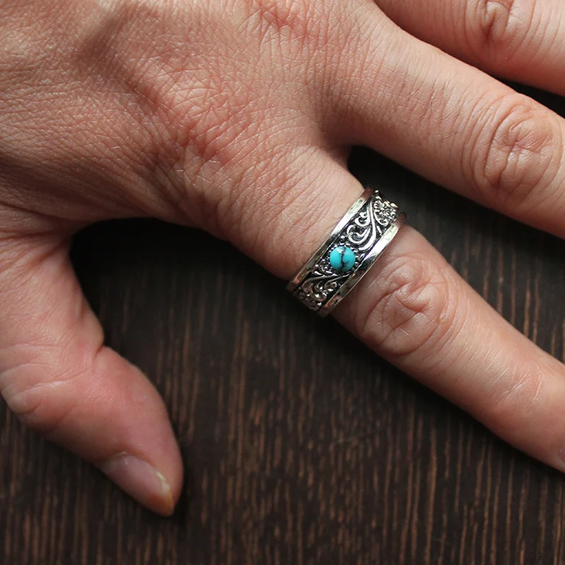 

Silver Tang Grass Pattern Thai Silver Inlaid Turquoise Ring Personality Retro Court Men's Ring