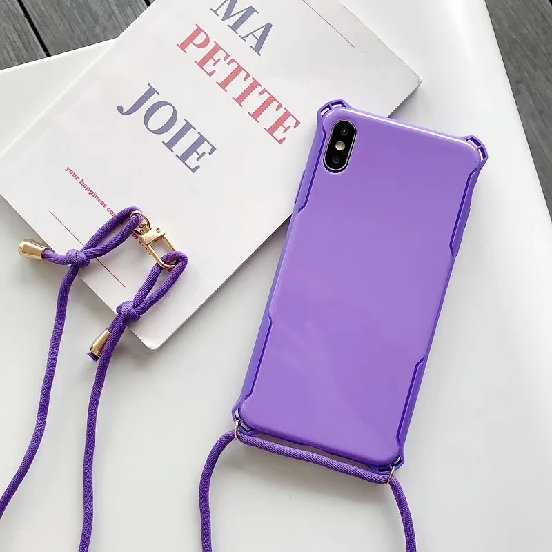 Purple and Strap Простой чехол карамельного цвета для iPhone 11 Pro XS MAX X XR 8 7 6 S Plus сплошной цвет Пластиковый ударопрочный Твердый чехол с плечевым ремнем - Цвет: Purple and Strap