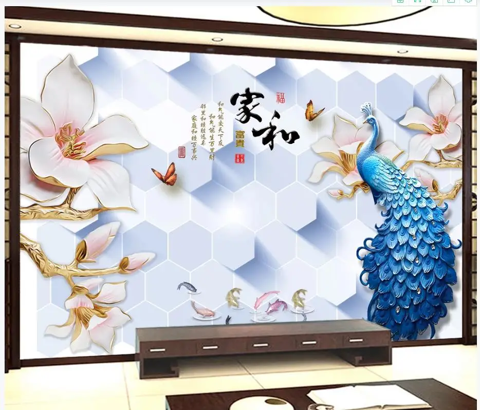

Custom photo wallpaper 3d mural wallpaper for walls 3d Modern jade carving flower peacock background wall papers home decor