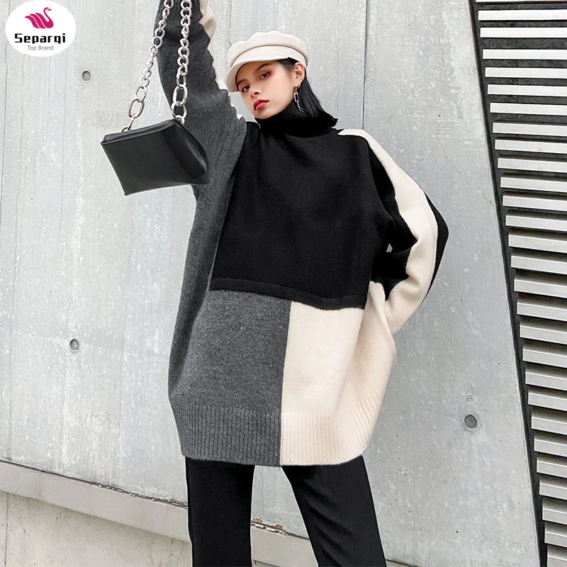 

SEPARQI Color-block Big Size Knitting Sweater Turtleneck Long Sleeve Women Pullovers New Fashion Tide Autumn Winter 2021
