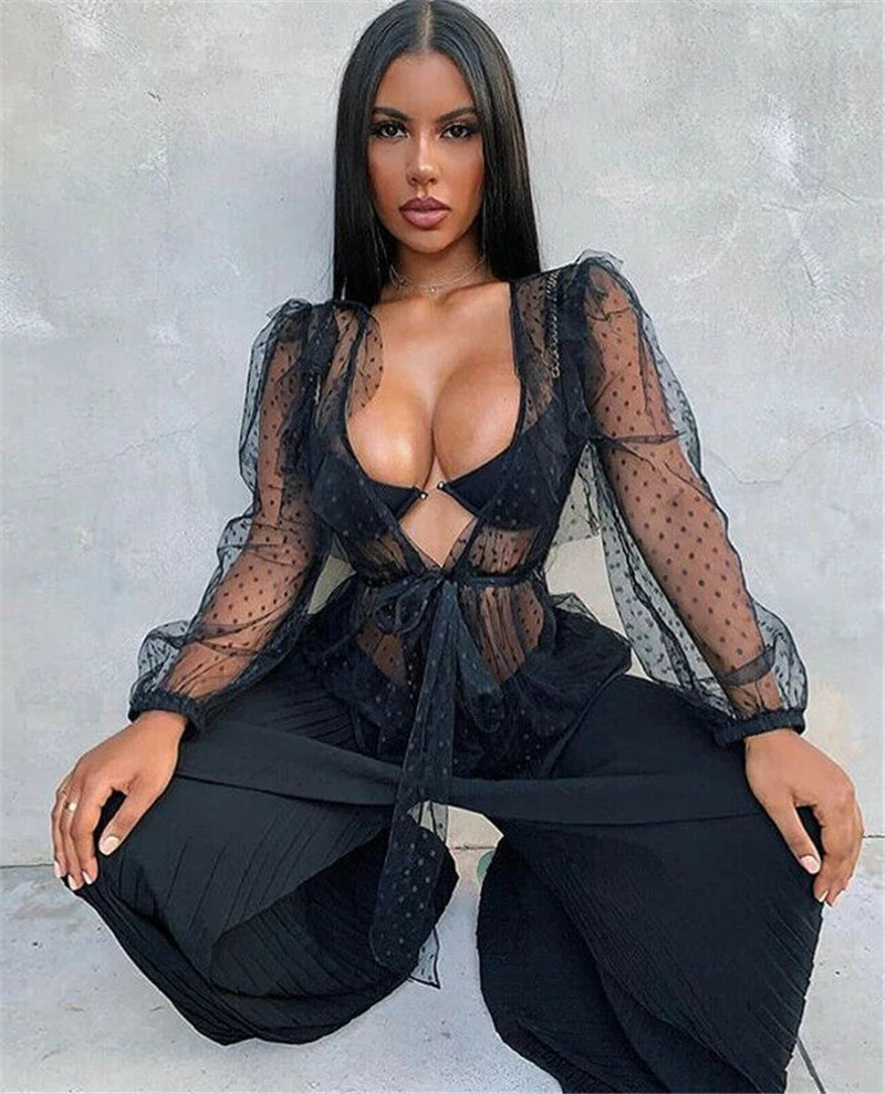 Сексуальные женские прозрачные сетчатые блузки с длинным рукавом Сексуальная