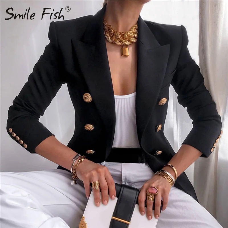 Приталенный осенний пиджак с отложным воротником белый черный Модный женский