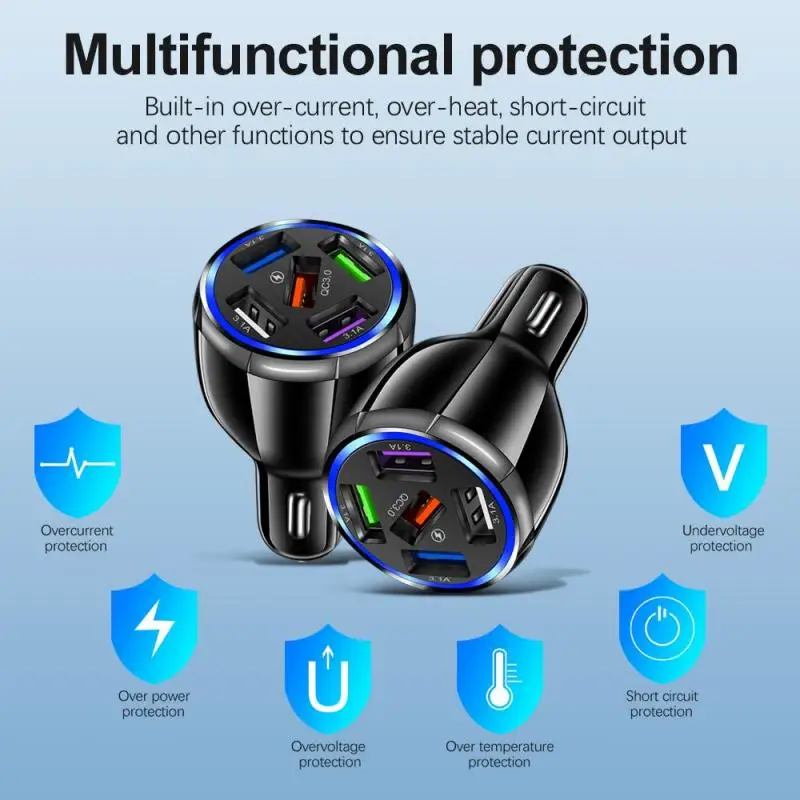 

5 Ports USB Car Charger 15A QC3.0 Mini LED Fast Charging Adapter Compatible A Variety Of USB Devices For iPhone Xiaomi Phones