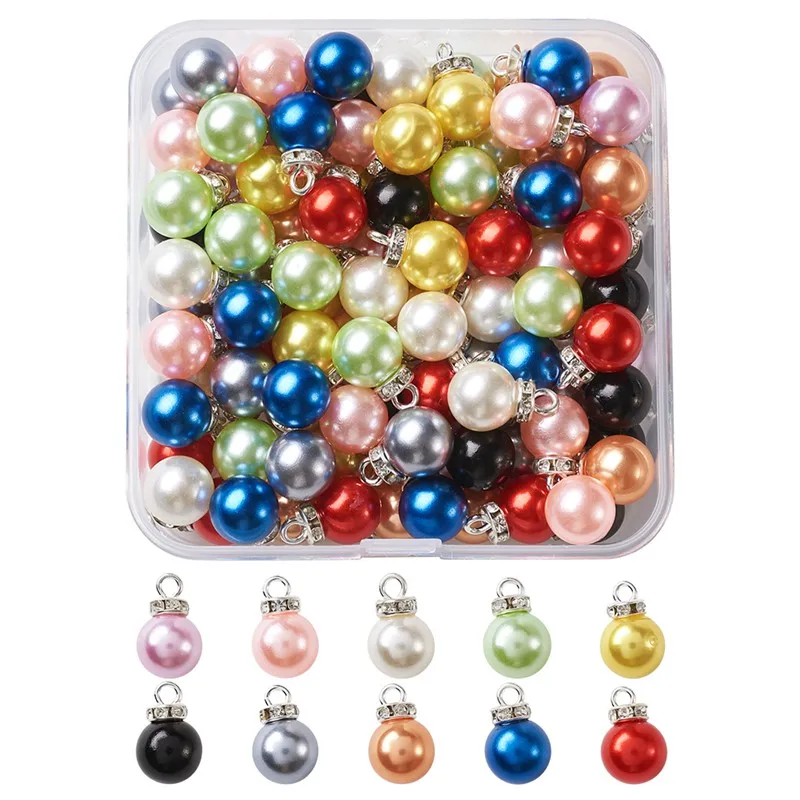 

100pcs/box Mixed Color Plastic Imitation Pearl Bead Pendants with Alloy Findings and Crystal Rhinestone for Jewelry Making