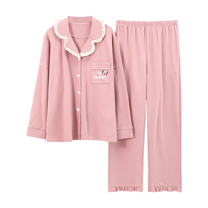 

New Korean Style Spring And Autumn Cotton Pajamas Long Sleeve Women Cardigan Cartoon Home Suit Turn-down Collar Night Wear