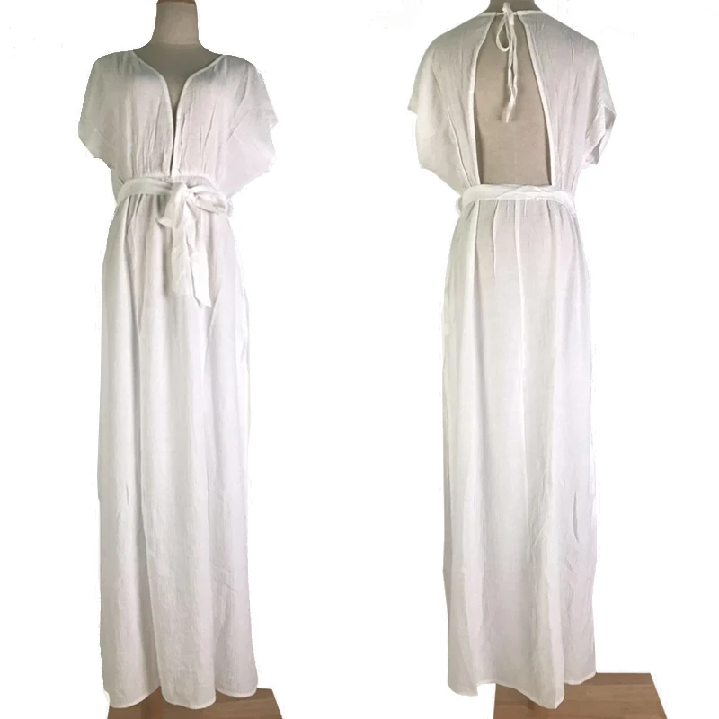 Женское пляжное платье с V образным вырезом белое богемное длинное открытой