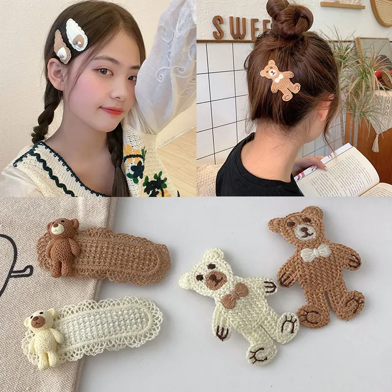 

Cartoon Knitted Hairpins Girls Cute Bear Hairclips Top Clip Handmade Barrettes Autumn Hair Accessories Korean Style Headdress