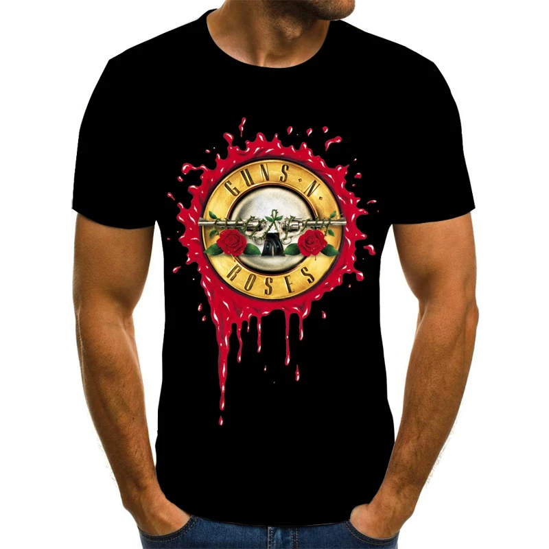 

New Fashion Punk T Shirt Guns N Roses T-Shirt Men Black Tshirt Heavy Metal Tops 3D Gun Rose Print Dress Hip Hop Tees S-6XL