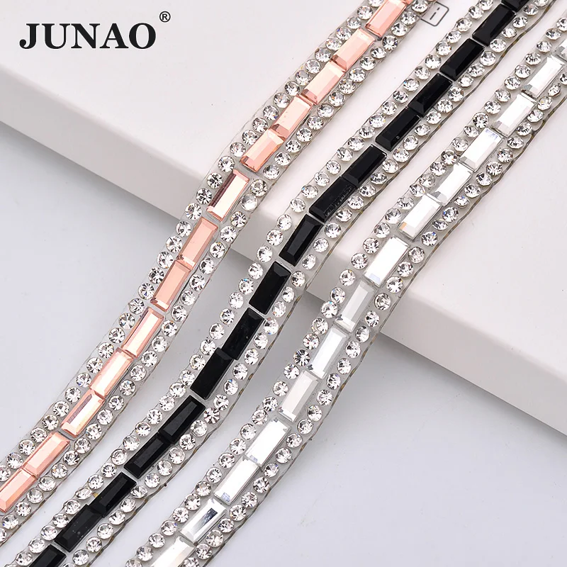 

JUNAO 5 Yard*8mm Clear Black Champagne Hotfix Glass Rhinestone Chain Crystal Ribbon Applique Strass Banding For Clothing