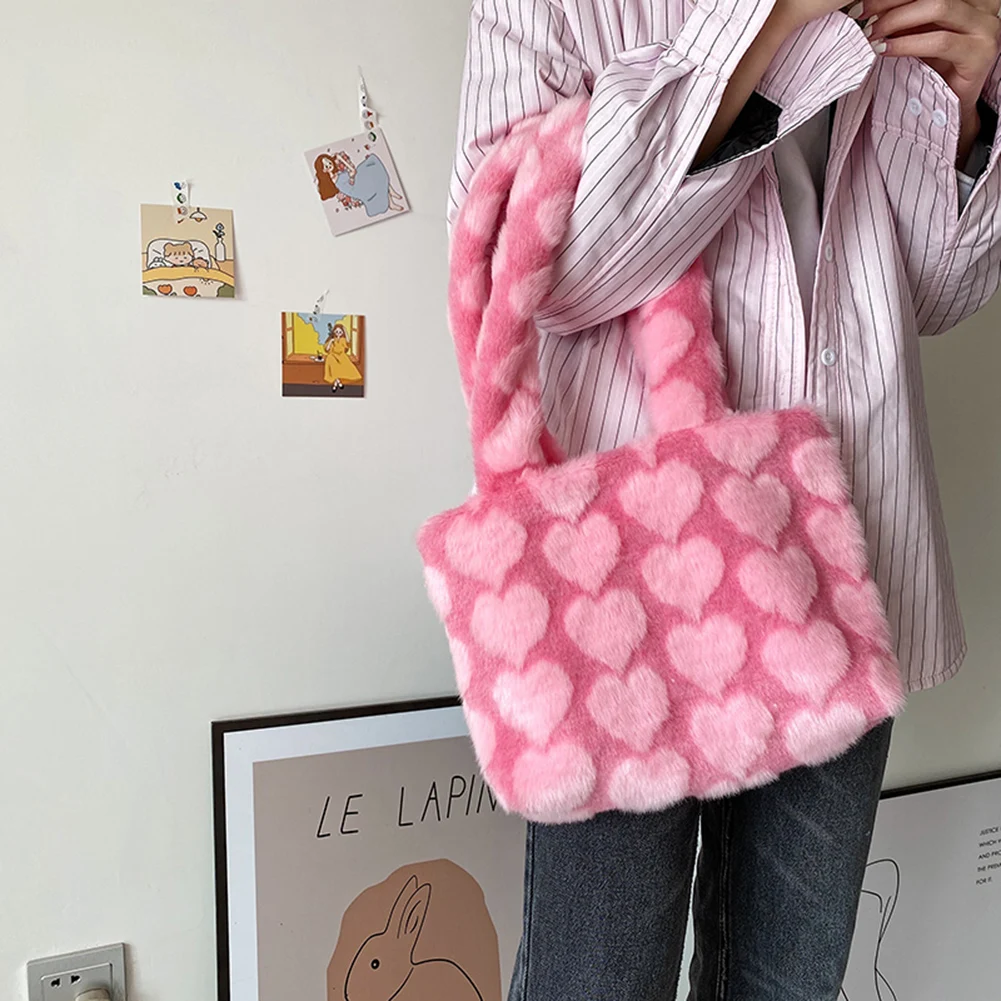 

New Winter Fluffy Big Shoulder Bag For Women Leopard Zebra Print Underarm Bags Love Heart Pattern Soft Plush Warm Fur Tote Bags