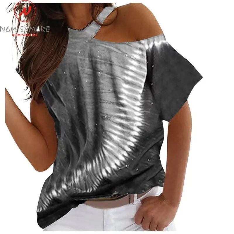 

Fashion Women Summer Casual Loose T-Shirts Hollow Out Design O-Neck Short Sleeve Tie-dye Print Pullover Top for Streetwear