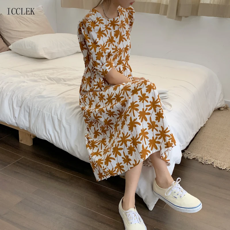 

2021 New Women Dress Clear Early Summer Cotton Print Dress Korean One-Piece Dress Square Neck Puff Sleeve Dress Office Dress