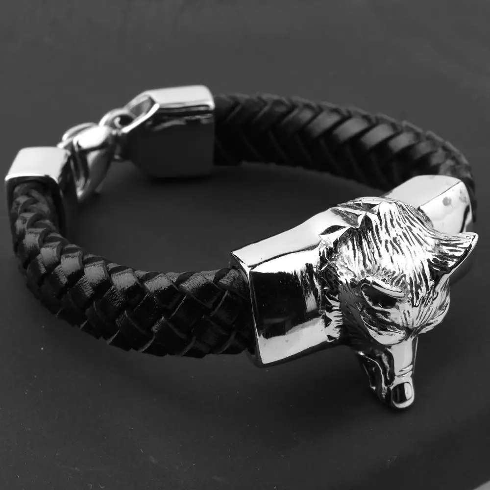 Мужской браслет из натуральной кожи Серебристый нержавеющей стали с головой