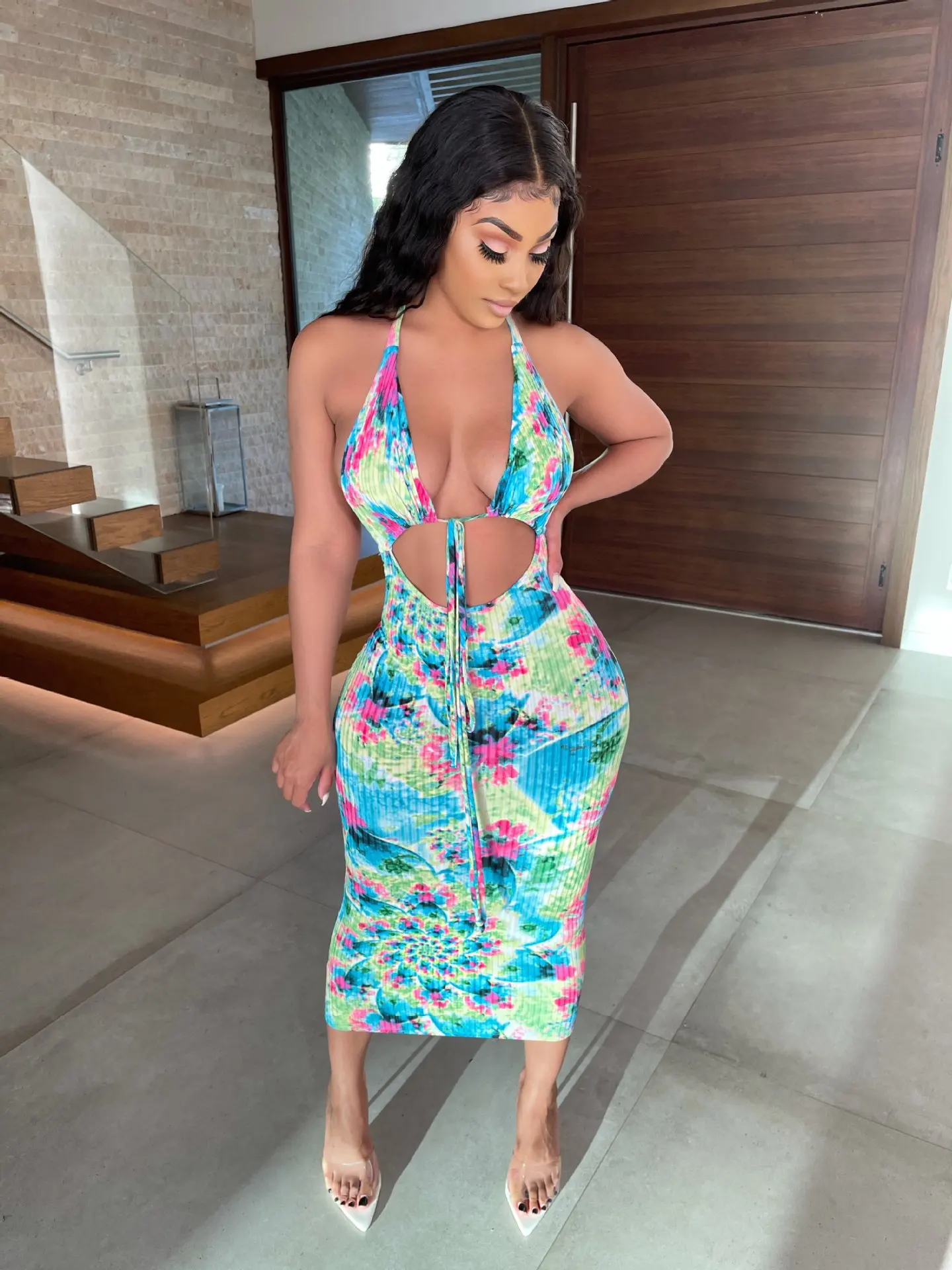 

Sexy Print Tie Dye Women Dress Spaghetti Strap Strapless Long Dresses Drawstring Summer Clothes For Women