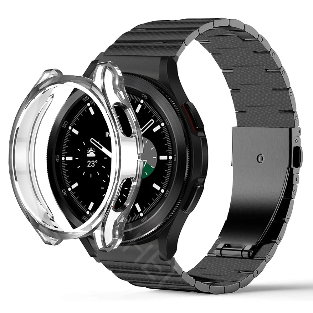 

2pcs for samsung galaxy watch 4 40mm 44mm band + case for galaxy watch 4 calssic 46mm 42mm no gaps carbon fiber strap TPU case