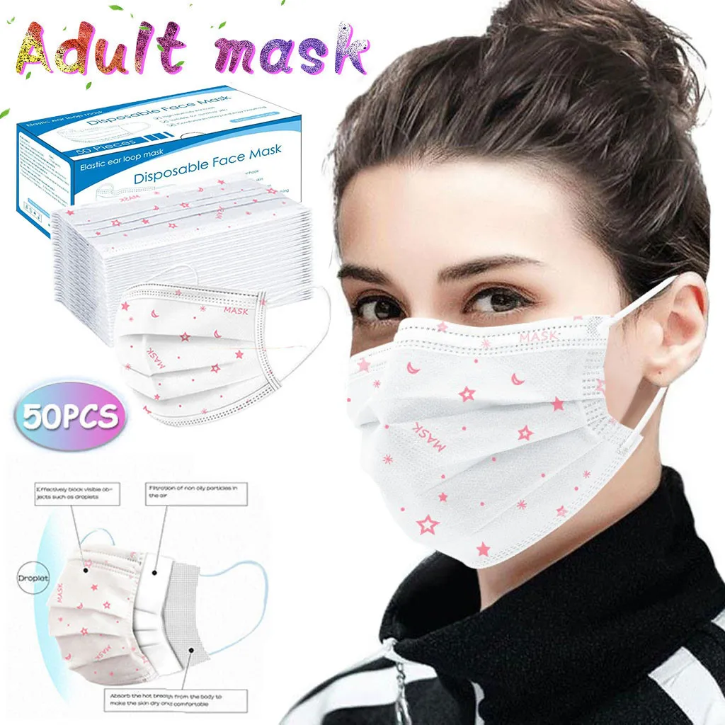 

Одноразовые маски для повязки на голову, 50 шт., дышащие пылезащитные маски из нетканого материала, 3-слойные фильтры, маска для взрослых