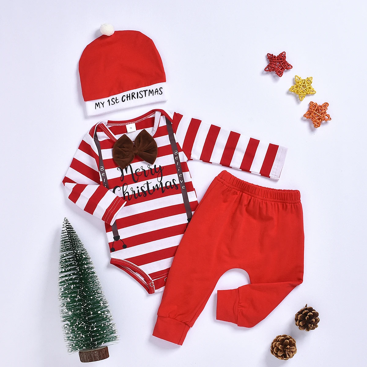 Infant Clothing 3pcs Newborn Baby Boys Clothes Long Sleeve Letter Merry Chrismas Tops+Pants+Hat Toddler Outfits Set |