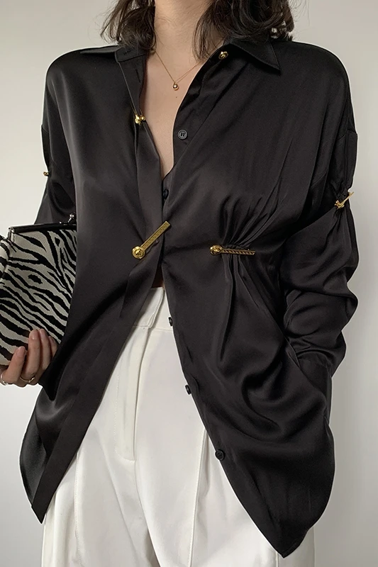 

Retro vintage Spring Fall Black White Solid Fashion Elegant Blouses high waist ladies slim shirts
