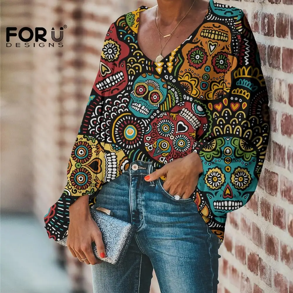 

FORUDESIGNS бесшовная повседневная женская шифоновая блузка с длинным рукавом мексиканский череп Готический Ретро принт винтажная рубашка для ...