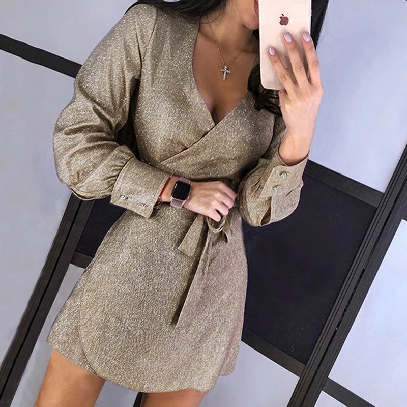 2XL сексуальные блестящие платья с глубоким v-образным вырезом для женщин осенние вечерние платья с длинным рукавом и поясом яркое шелковое блестящее облегающее платье