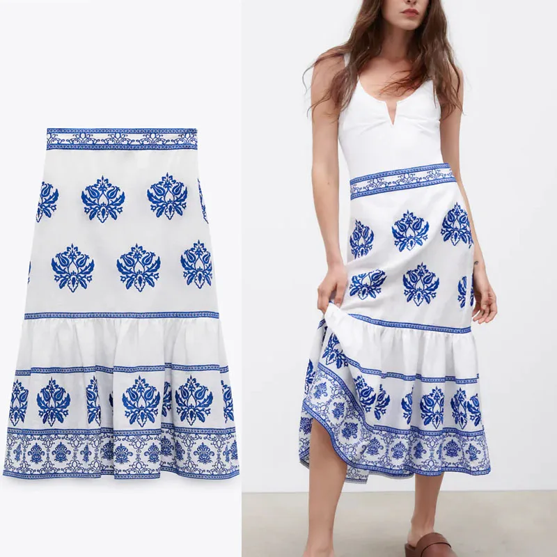 

Женская юбка с вышивкой Za, синяя винтажная юбка миди с высокой талией и боковой молнией, летняя юбка с оборками на подоле, 2021