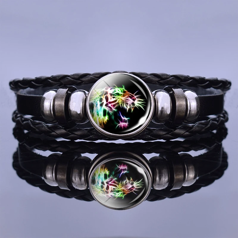 Красочный тигровый узор черный кожаный браслет Модный Панк Бижутерия со