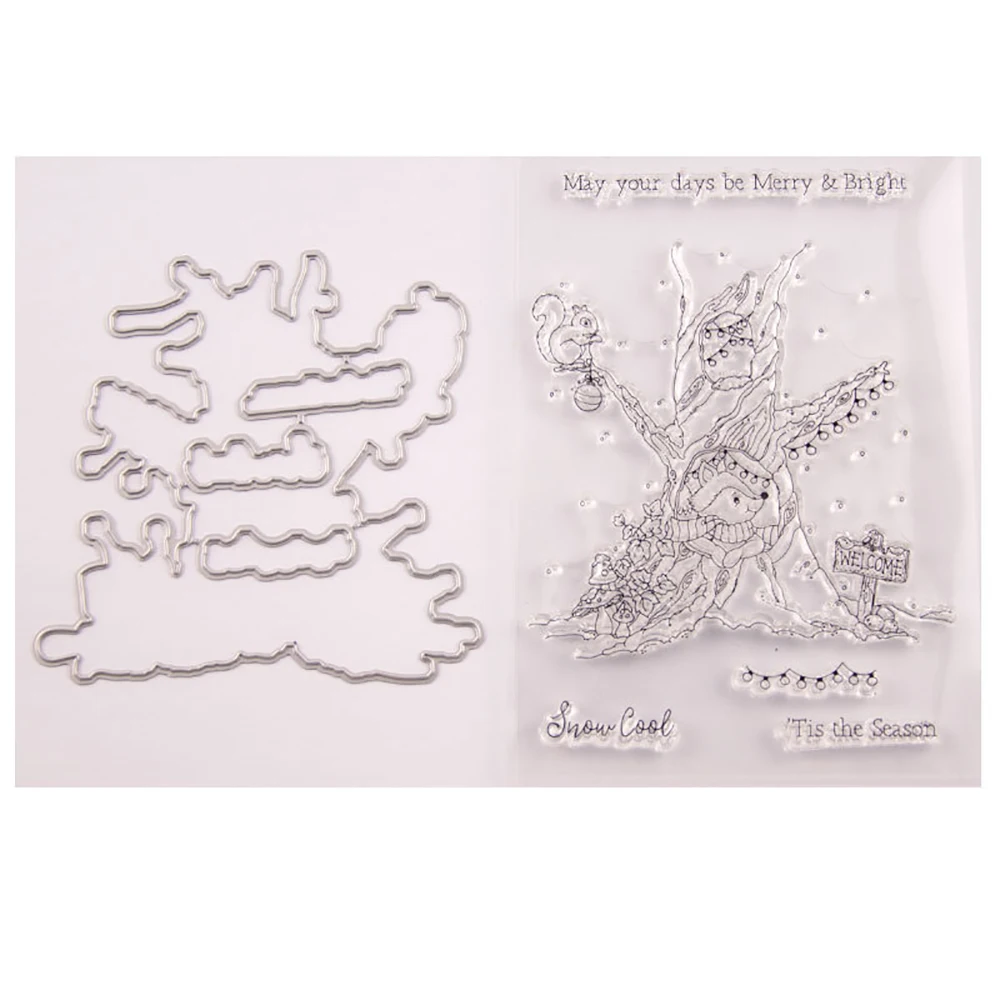 

Merry Christmas Tree Snow Squirrel Clear Stamp and Die Set DIY Scrapbook Kids Birthday Album Rubber Metal Cutting Die Gift Card