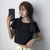womens korean version of the solid color wild short belly button button is thin short sleeve thin black t shirt top
