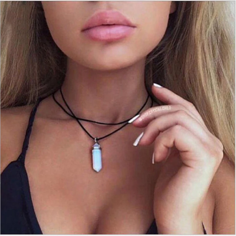 

Two layers black PU leather choker Necklace color Hexagon crystal prism pendant silver plated