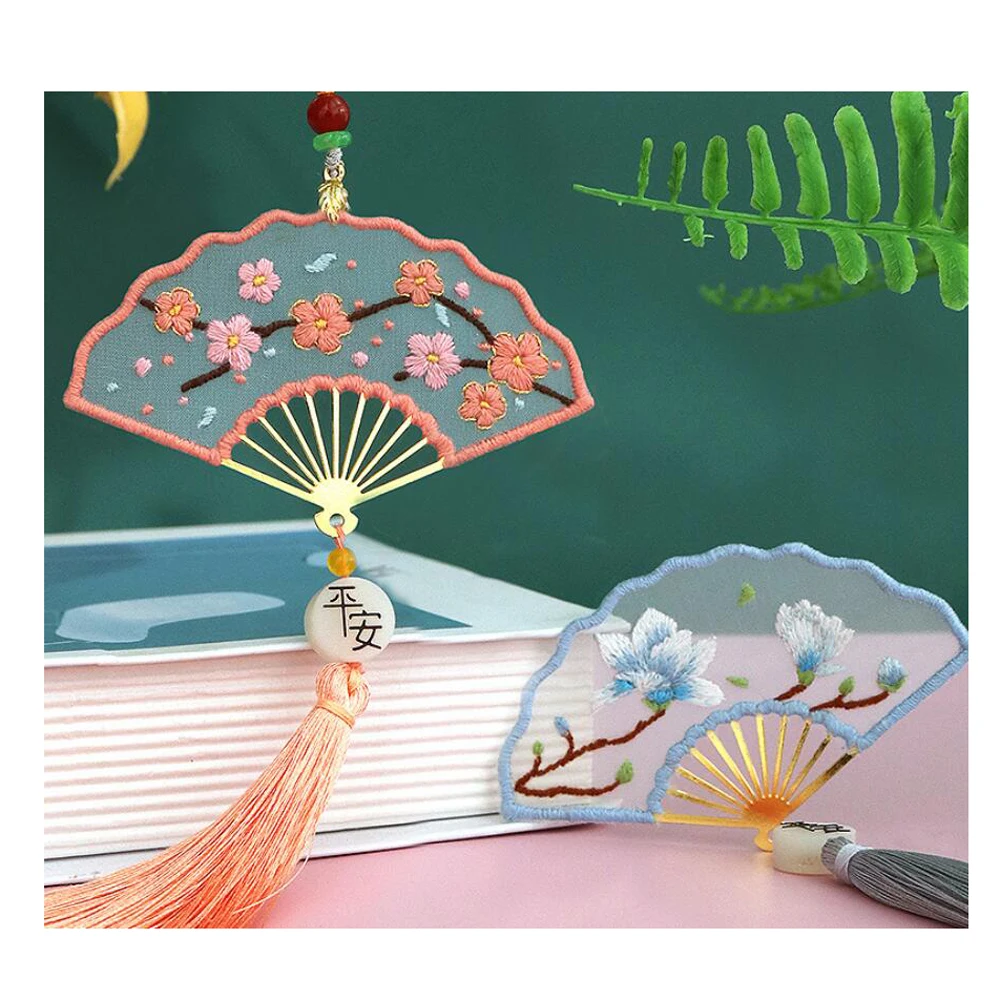 

Handmade Diy Fan-Shaped Bookmarks Car Hanger Embroidery Material Bag with Tassels Double-sided Embroidery Ping Fu for gifts Deco