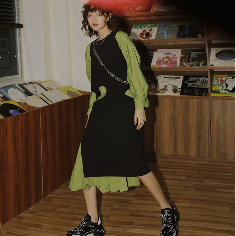 LANMREM 2020 осеннее новое модное платье из двух частей свободное с длинными рукавами