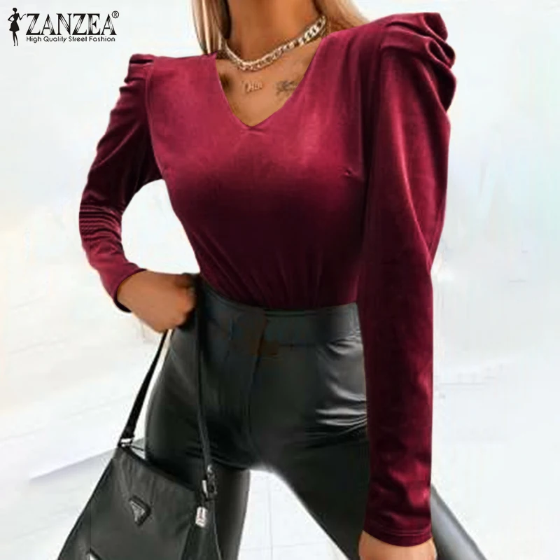 

Fashion Women Velvet Blouse Shirt 2022 ZANZEA Oversized Casual Solid Loose Blusa Femininas Spring Autumn Puff Sleeve Tops Tunic