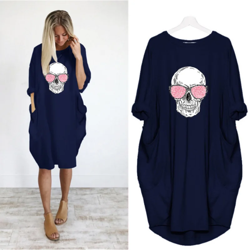 

Loose Dresses Plus Size Women Vintage Skull Print Casual Long Sleeve Pockets Vestidos Party Femme Robe Woman Dress Streetwear
