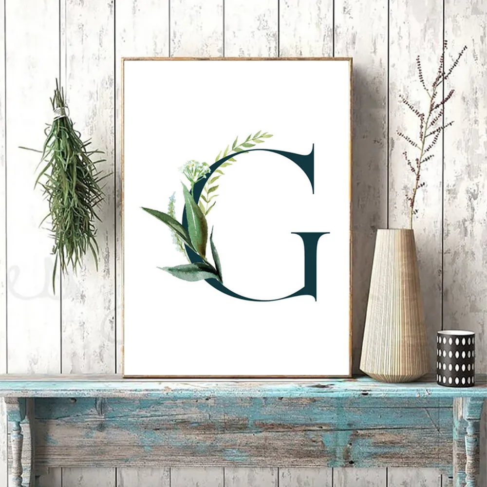 Name Customed Alphabet Chart Wall Art Print Green Plants Quotes Canvas Poster Nordic Letter Painting Living Room Decor Gift | Дом и сад