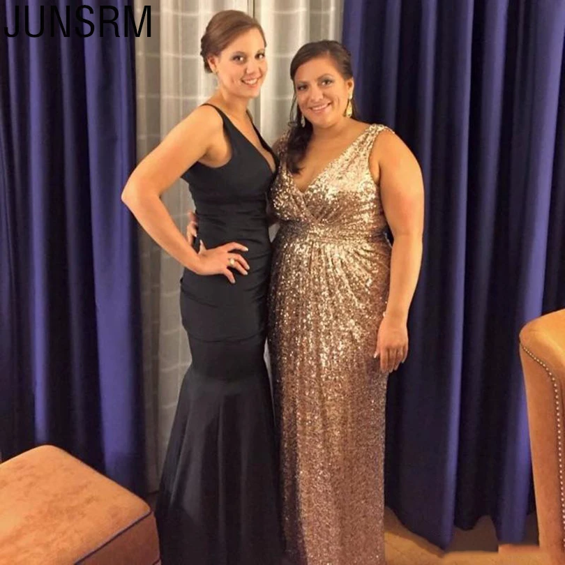 

Sparkly Plus Size Evening Dresses Sexy V Neck Bling Sequins Shiny Sheath Floor Length Long Party Gowns