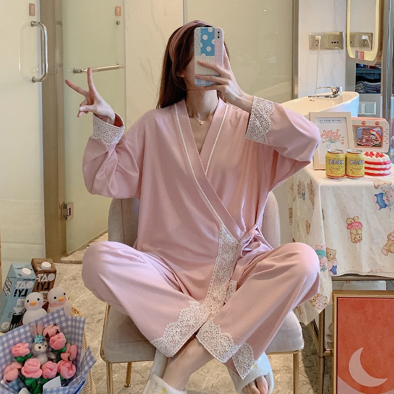 

Spring New Pajamas Women's Sleepwear Long-sleeved Pijamas Cotton Kimono Nightsuit Two-piece Homewear Casual Female Sexy Lingerie