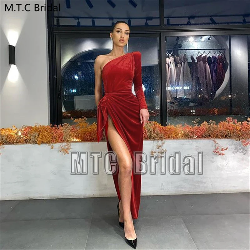 

Long Sleeve Burgundy Prom Dresses One Shoulder High Slit Sexy Velvet Special Occasion Dress Customize Formal Occasion Women Gown