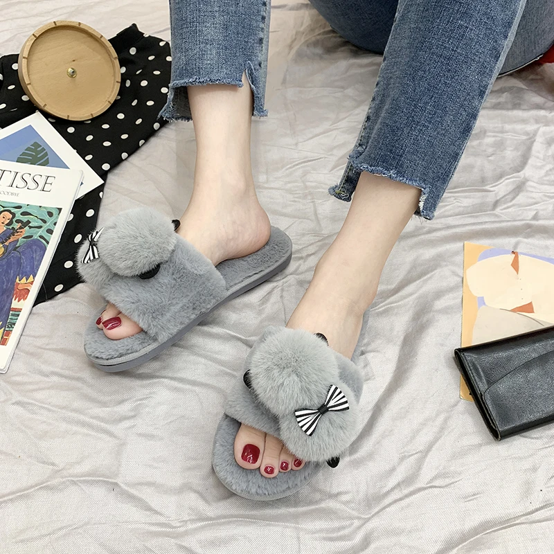2021 New Winter Home Slippers Women Warm Cotton Lovely Fabric Slipper Indoor Mute Non-slip Bear Ears Flat Women Shoes Fur Slides