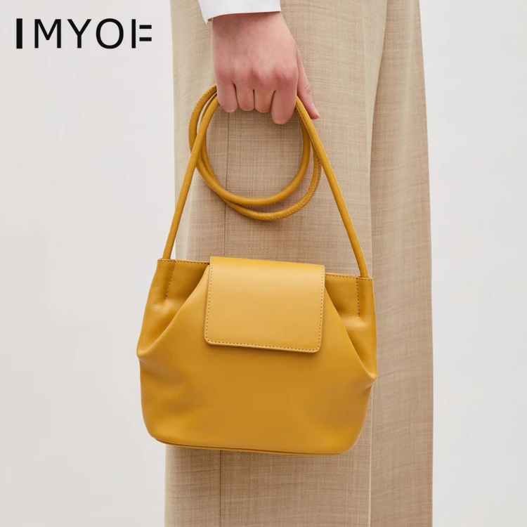 Женская кожаная небольшая сумка корзина Минималистичная индивидуальная Желтая