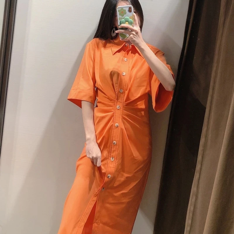 

Женское шикарное модное платье-рубашка, весеннее однотонное винтажное платье-рубашка миди с короткими рукавами на пуговицах, летние женски...